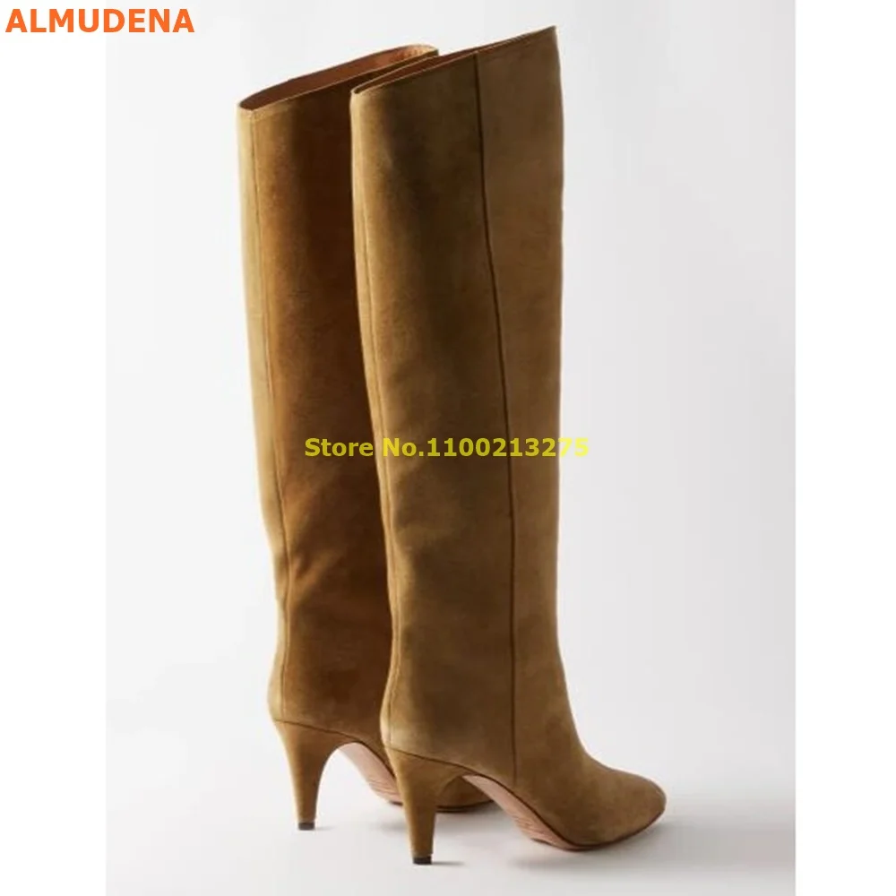 Brown Suede Knee High Boots Kitten Heel Round Toe Solid Slip On 2024 New Arrivals Winter Women Shoes Fashon Runway Autumn Shoes