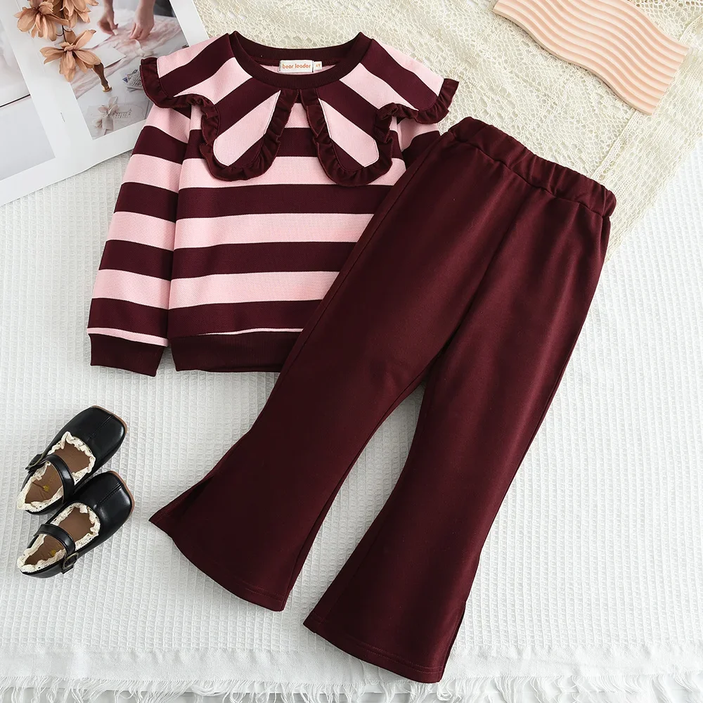 Spring and Autumn New Girls' Set Christmas Style Wine Red Collar Ruffle Striped Top+Bellbottom Pants Two Piece Set 3-7 Years Old