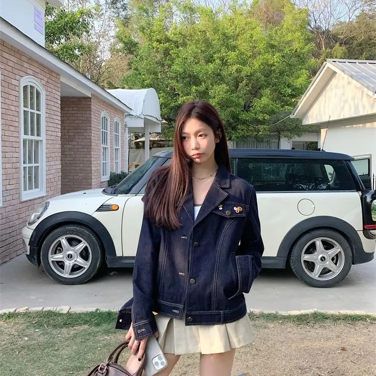 Korean Style Spring Autumn Dark Blue Retro College Denim Jacket Women Petite Girls Loose Casual Button Design Short Coat