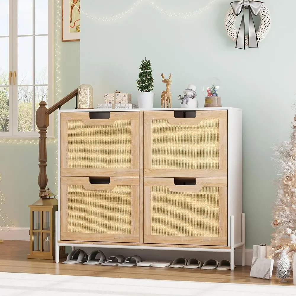 

White 4-Door Shoe Cabinet with 3-Tier Adjustable Shelves for Entryway Storage