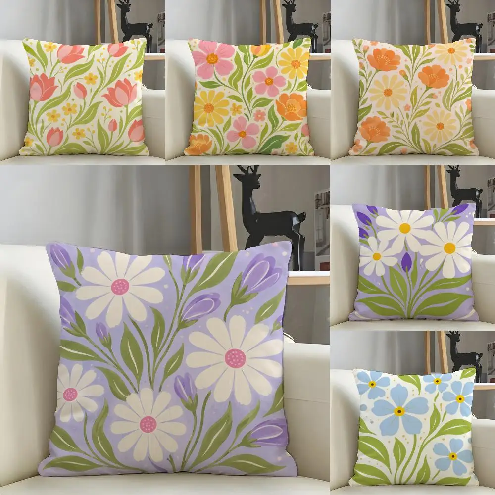 Vibrant Floral Pattern Cushion Cover Natural Linen Pillow Case Organic Fabric Double Sided Print Sofa Home Decor Gift