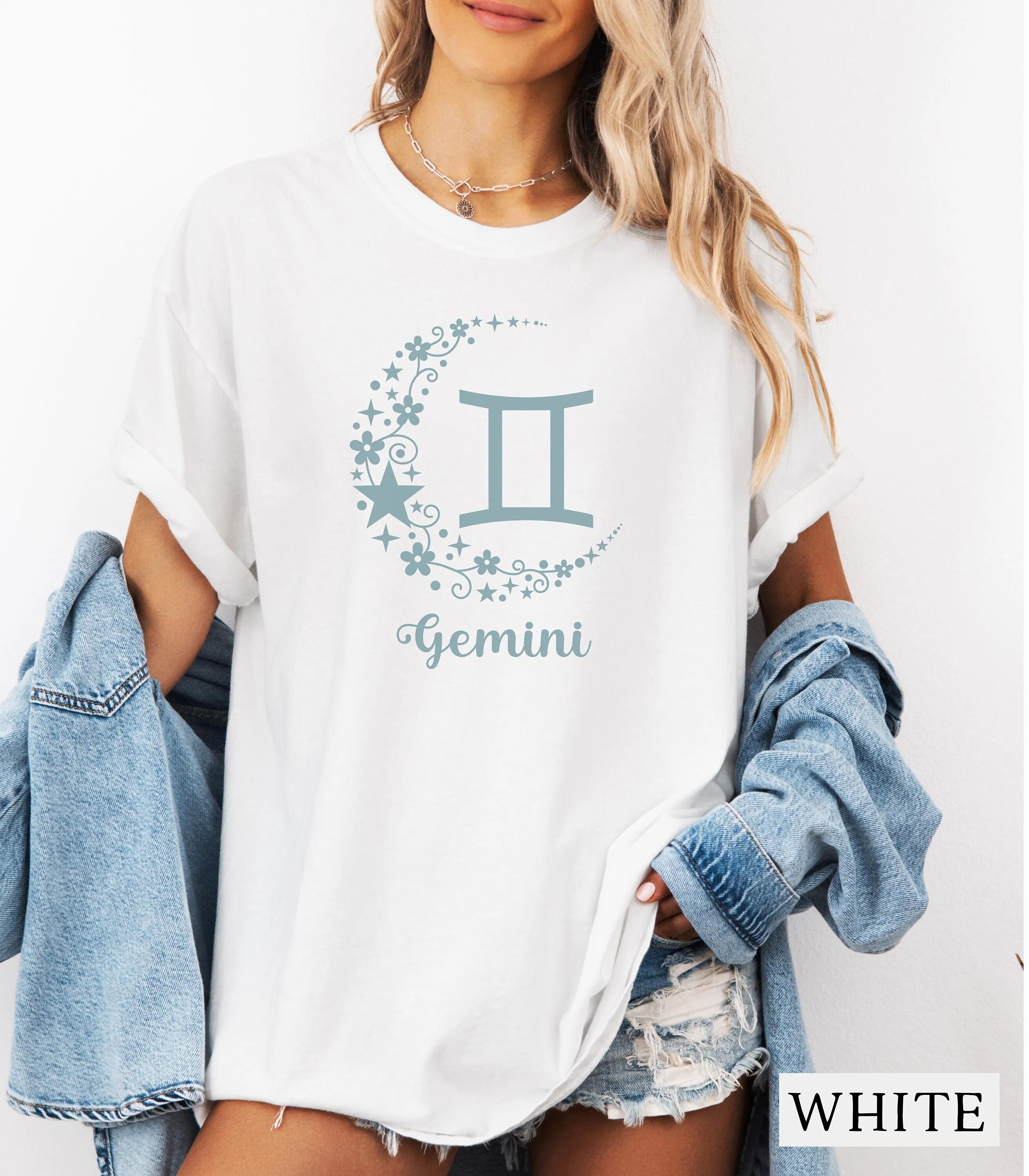 Gemini Graphic Tee Celestial T Shirt Cute Astrology With Slivered Moon Holiday Horoscope Zodiac Cotton