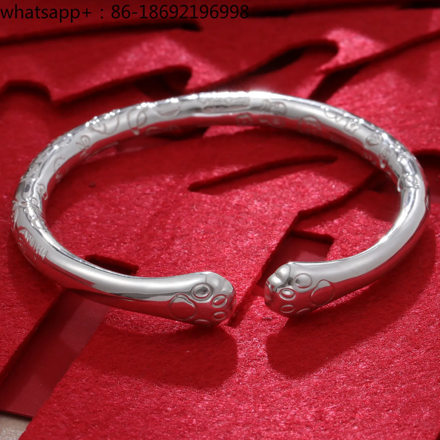 Sterling Silver Bracelet Women's Round Auspicious Words Glossy Cat Claws Silver 999 Solid Simple Temperament Open Bracelet