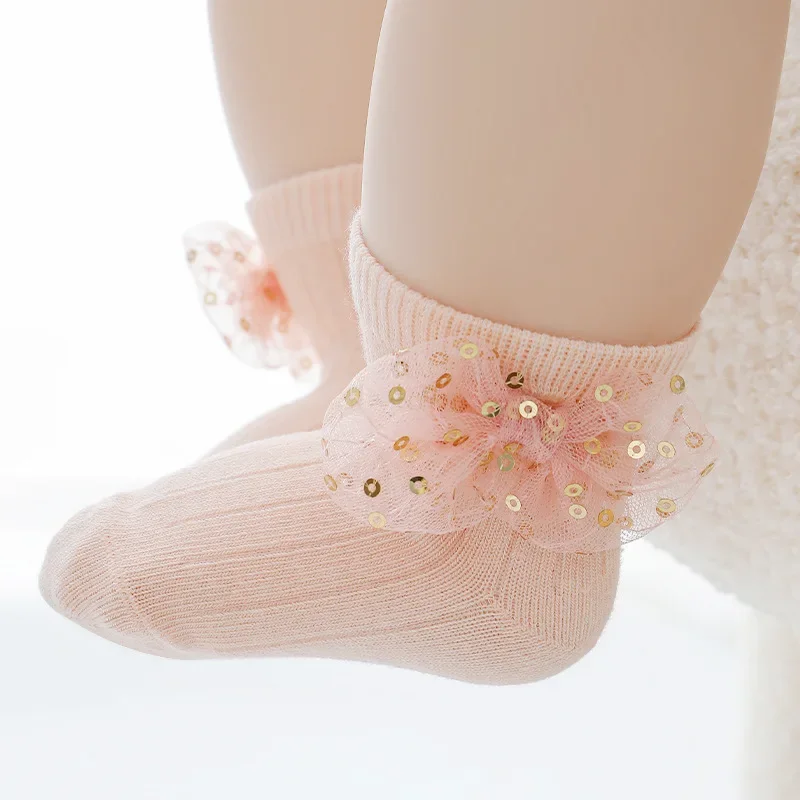 Baby Lace Socks Solid Color Sequins Bow Tie Girls' Princess Sock 2024 New Baby Cotton Sock Spring Summer Girls' Socks  Newborn