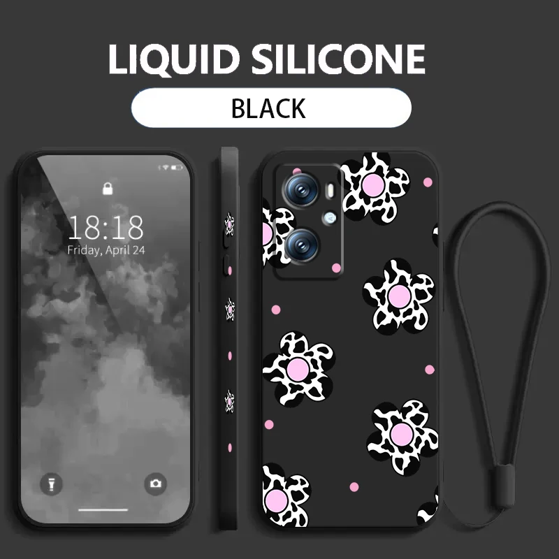 Artistic Flower Cow Liquid Left Rope For OPPO Find Reno 7 6 X6 X5 X3 X2 A98 A96 A15 A53 A74 A72 A5 A16K 5G S 2020 4G Back