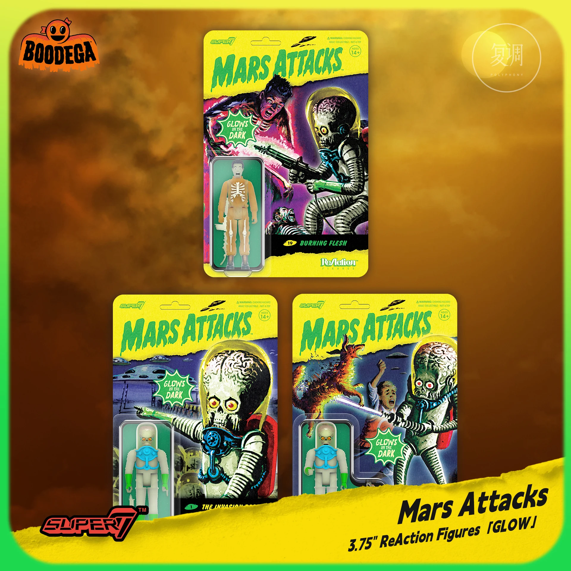 

In Stock Super7 Mars Attacks Glow-in-the-Dark Blister Card Set Boodega Exclusive Collectible Sci-Fi Toys