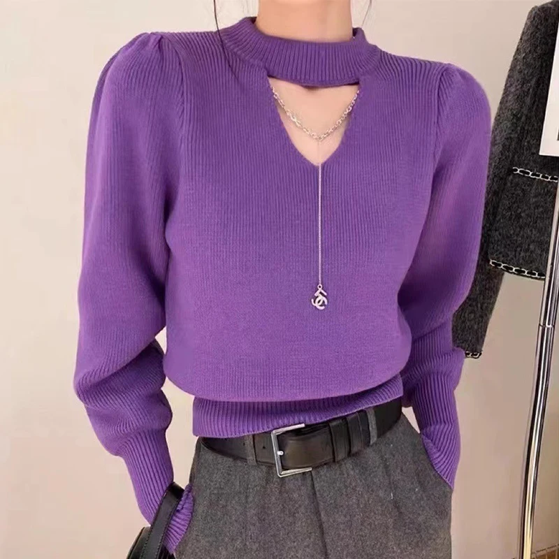 Elegant O-Neck Cut Out With Necklace Winter Sweater Sweet Long Sleeve Hollow Out Knitwears Pullovers Korean Fashion Chic Tops