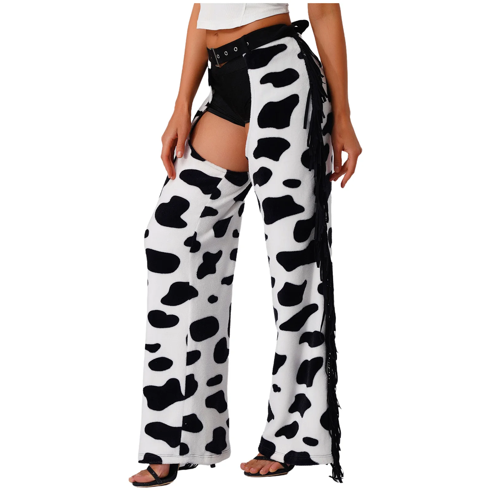 

Women Halloween Cowboy Cosplay Costume Cow Spot Print Biking Riding Cowgirl Chaps Flannel Pants Side Tassel Open Crotch Trousers