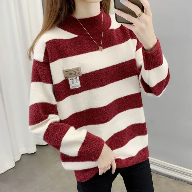 New Autumn/Winter Fashion Korean Edition Chenille Stripe Colored Half High Neck Loose Versatile Western Women\'s Knitted Sweater