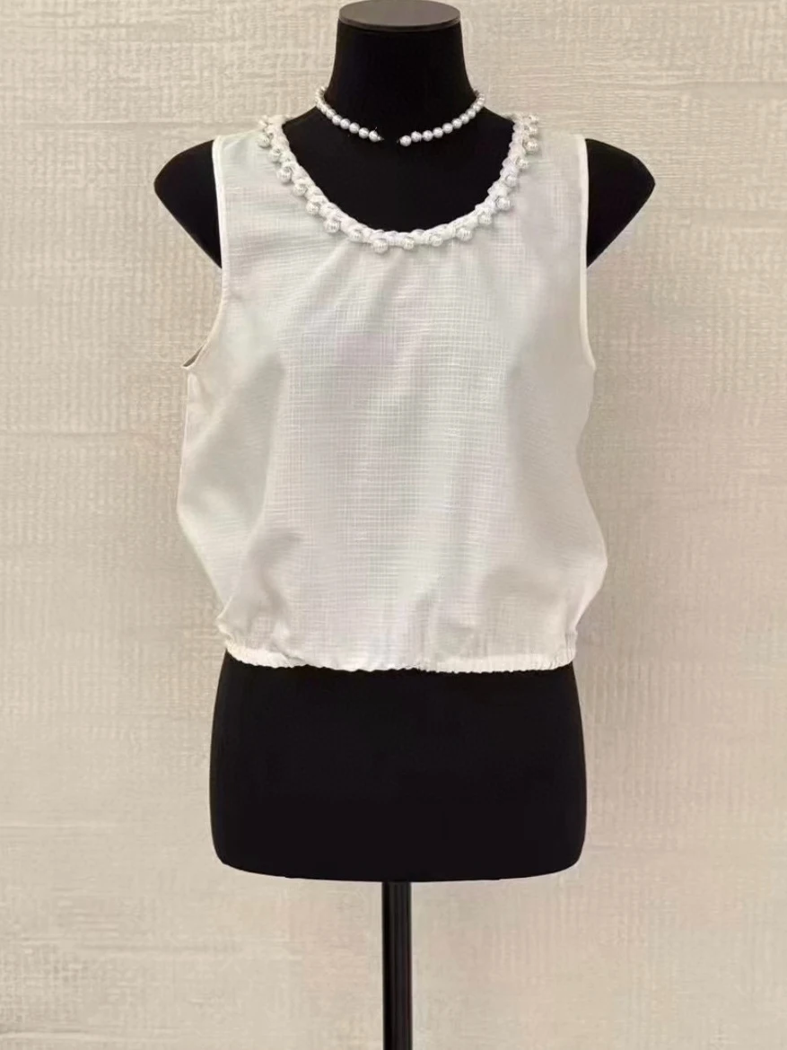 

Ele round Ne Pearl Decorated Elastic Waist Vest Hand Sewn Summer 2025 Faion Commute Sle ort Length Color