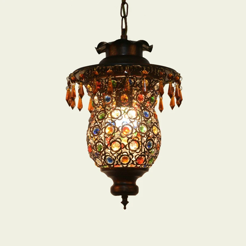 Bohemian Antique Iron Restaurant Droplight Color Crystal Lamp Creative American Coffee Shop Bar Bedroom Kitchen Chandelier