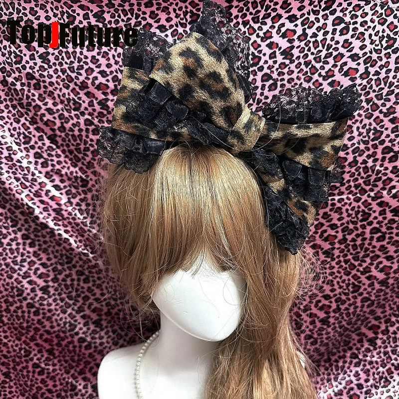 Women Alternative Y2K Hime Style Lolita Sweet Girl Oversized Kitty Bows Leopard Print Lace Ruffle Hair Band Subculture Hairpin