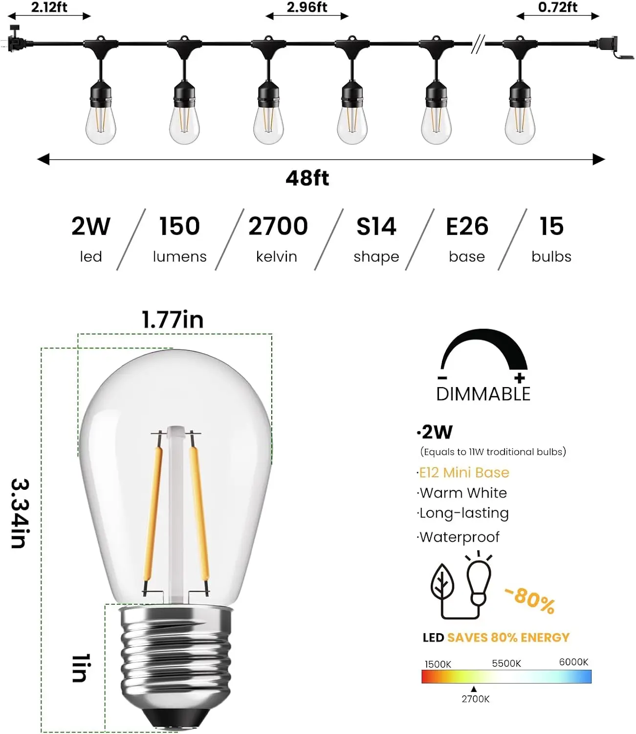96 FT Outdoor String Lights 2W, Patio Light for Outside Waterproof | (48*2) Antique S14 Shatterproof LED Lighting, IP65