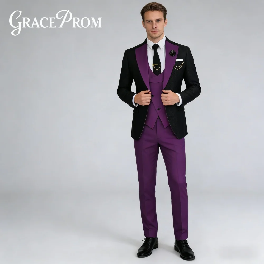 Black Purple Contrast Color For Men Wedding Formal Single Breasted Suit Groom Suit Set Jacket Vest Pants Occasion Customized