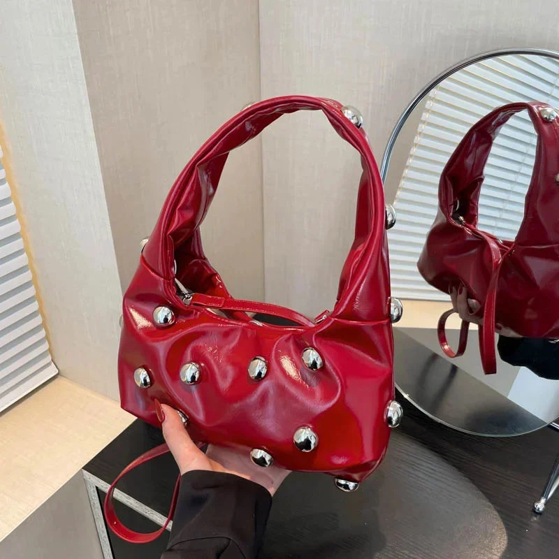 Black Half Moon Underarm Bag For Women Luxury Studded Beading Handbags Red Purse Solid Color Pu Leather Shoulder Crossbody Bags