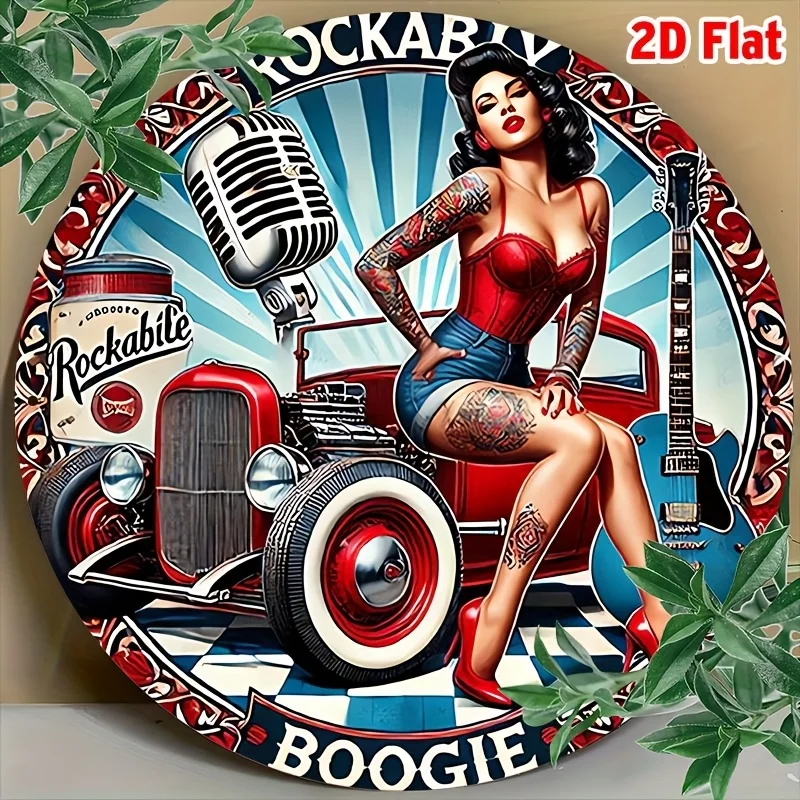 2D plat, 1 pièce de bottes de rock, panneau métallique rond classique rétro de 8 pouces, groupe de rock, pour l'art de décoration murale et de la maison – Idéal pour les bars, les cafés,