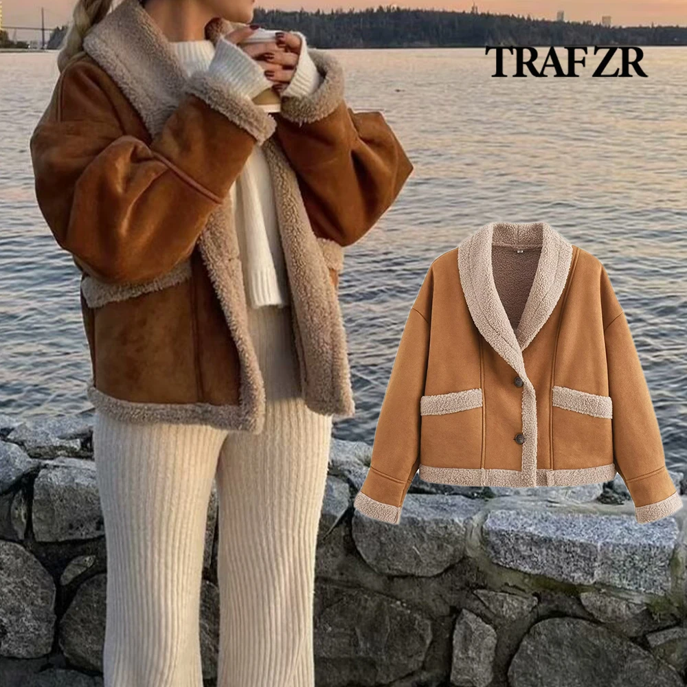 TRAF ZR HighStreet Faux Sheepskin Jacket Long Sleeve Flared Cuff Artifical Fur Coat Lapeled Single Breasted Winter Outerwear