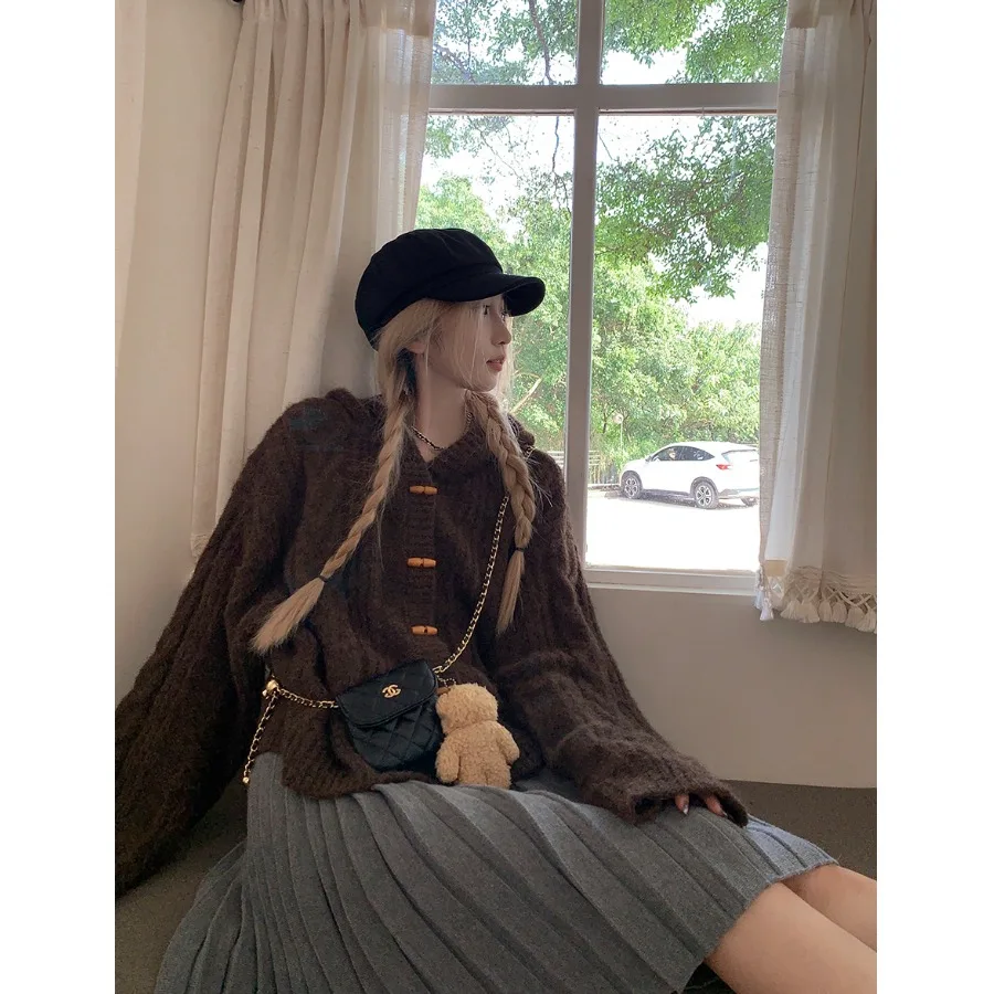 

Корейский вязаный свитер ort Sve в стиле ретро, женский осенне-зимний свободный утягивающий шапка, вязаный кардиган, повседневный для поездок на работу