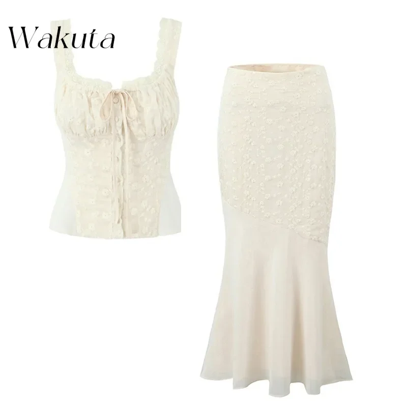 WAKUTA Retro Waist Embroidery Vest French Fishtail Half-body Skirts Fall Sets Кастюмы Для Женщин Two Piece Sets Womens Outifits