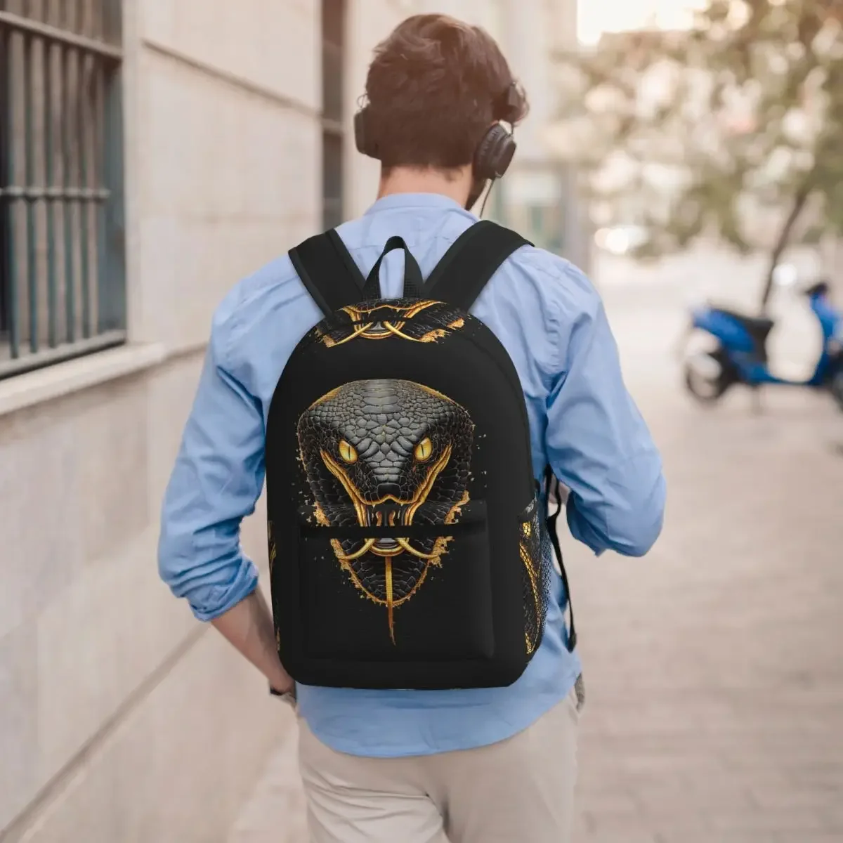 Black Gold Scary Snake Backpack Student BookBag Kids School Bag Computer Shoulder Bags for Men Women
