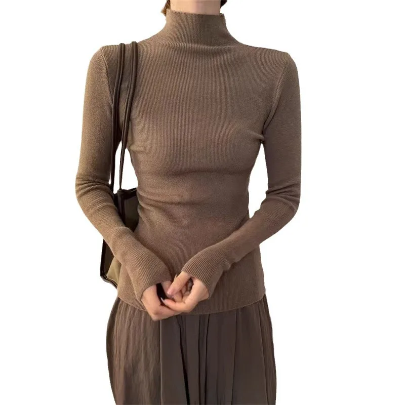 2025 suéter de color caramelo para Otoño Invierno nuevo suéter de punto ajustado de estilo extranjero Simple de punto para mujer