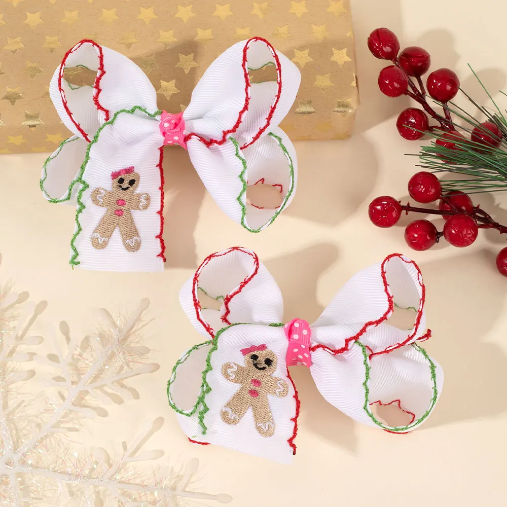 2Pcs Embroidered Gingerbread Man Hair Bow Clip Kids Christmas Party Hairpin Santa Claus Barrettes Hair Accessories New Year Gift