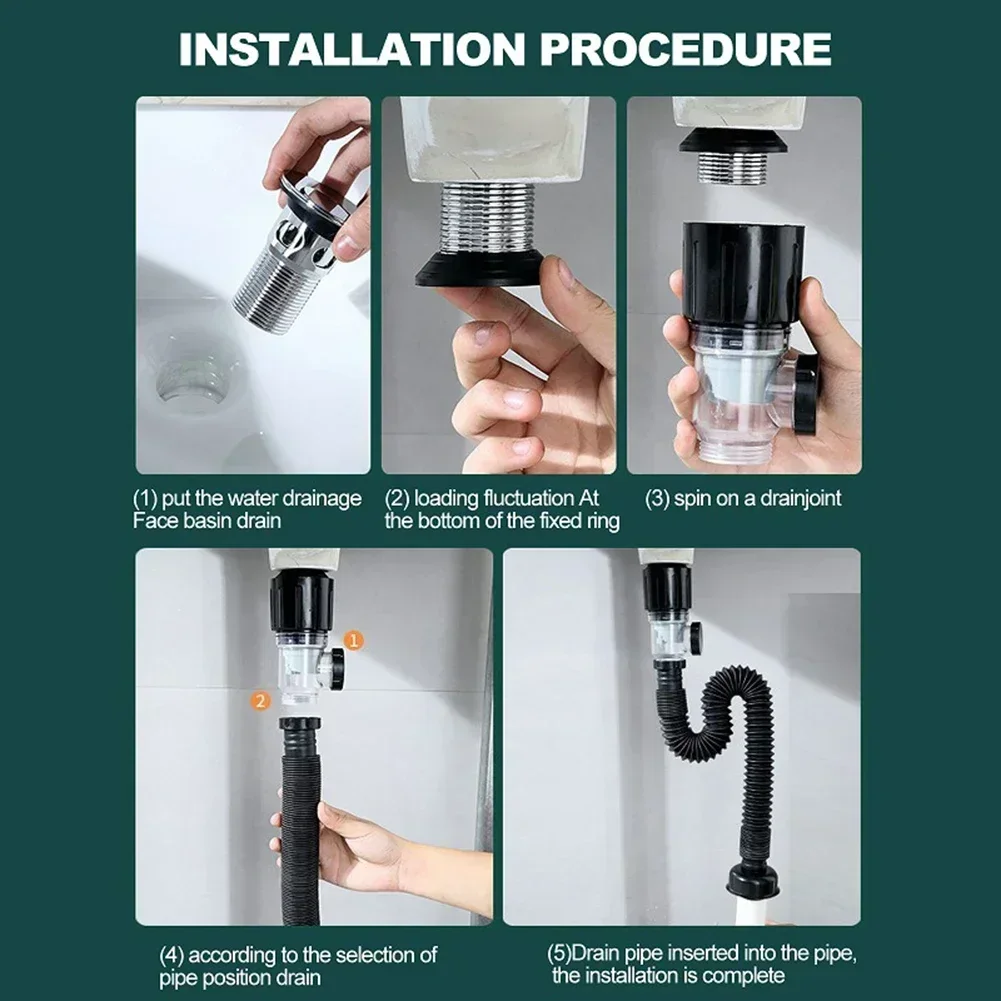 For 40-50mm Sink Holes Press Type Washbasin Drain Fitting Siphon With Odor-Proof Downpipe And Anti-Insect Design Flexible Hose