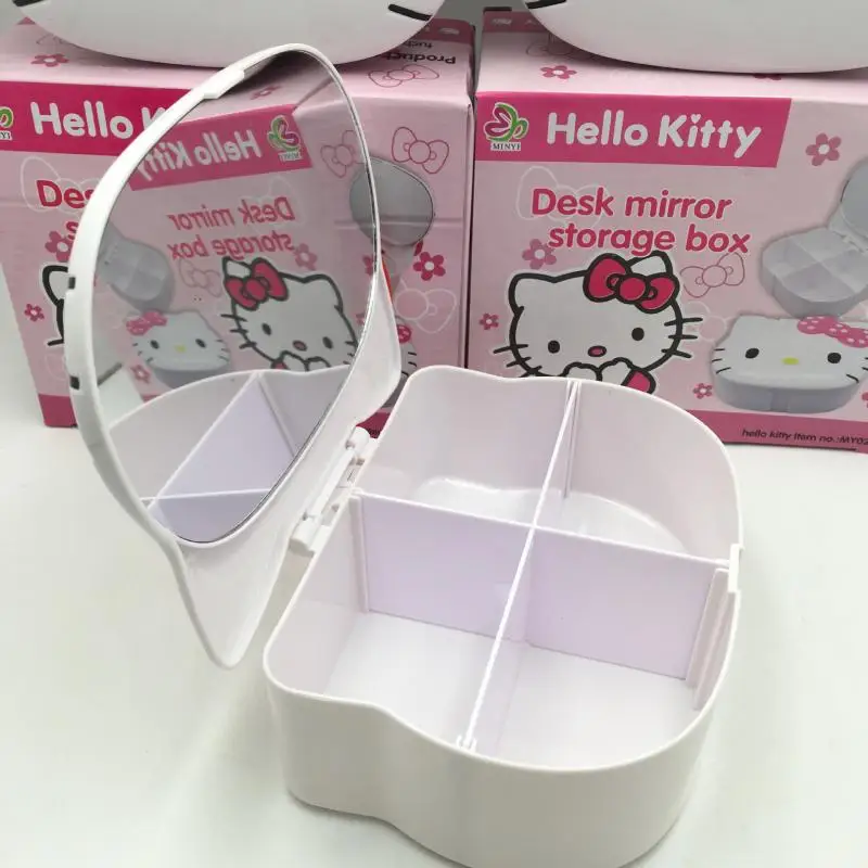 Kawaii Hello Kitty Storage Box with Mirror Cartoon Kt Cat Bow Cat Multi Grid Jewelry Bracelet Box Makeup Box Women Accessories