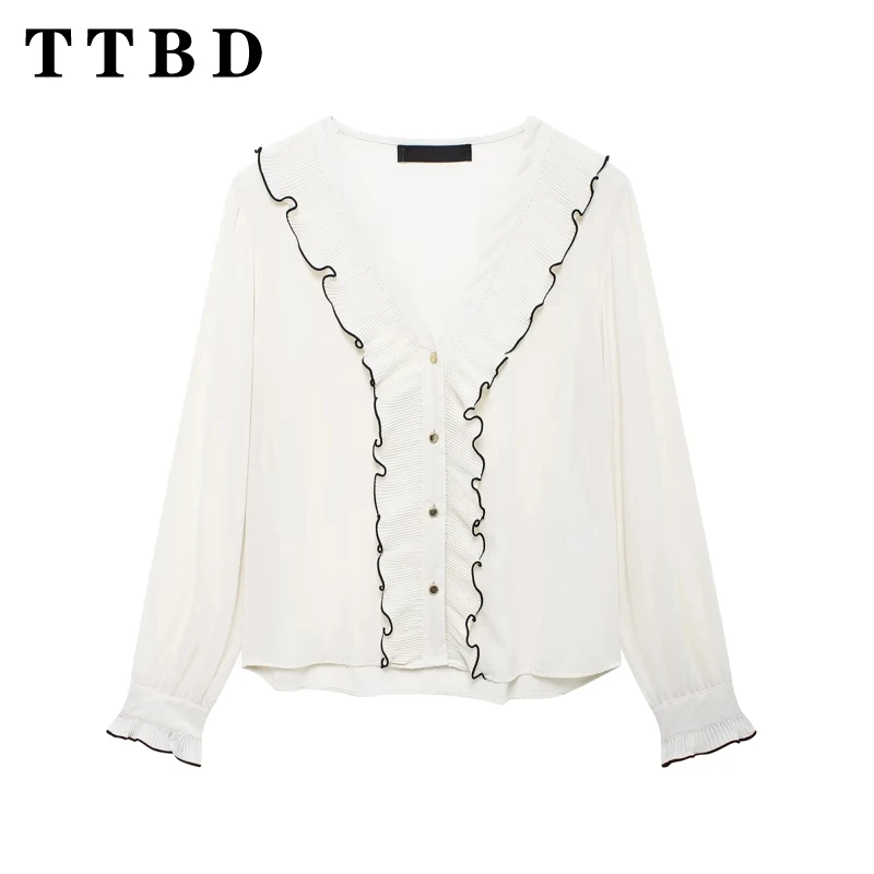 TTBD 2024 New Autumn Woman\'s Casual Single-breasted Long Sleeve Ruffles Shirt Top Female Fashion V-Collar Solid Color Coat