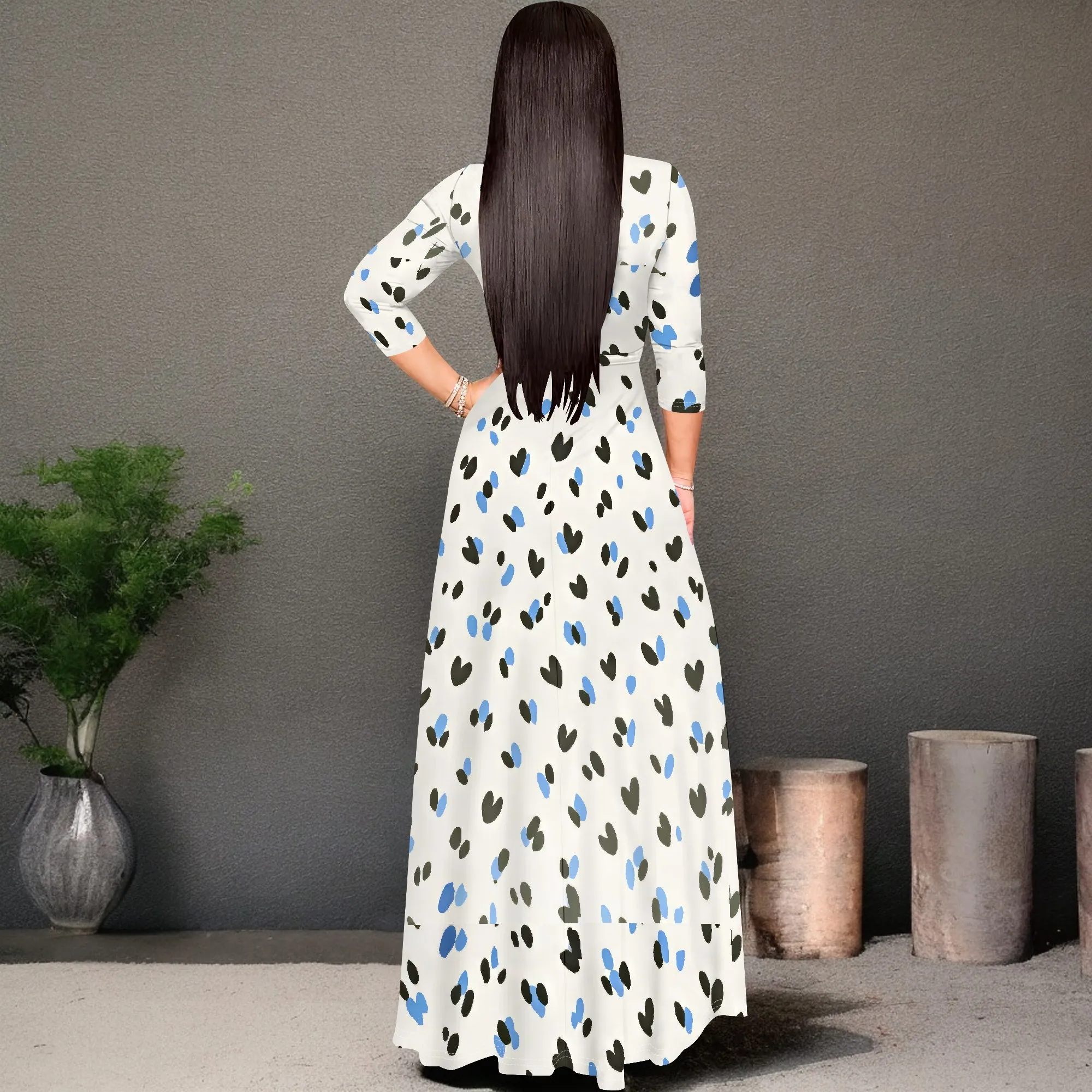 Abito lungo da donna con scollo a V, casual, maniche a 3/4, abiti lunghi sexy, floreali con cintura
