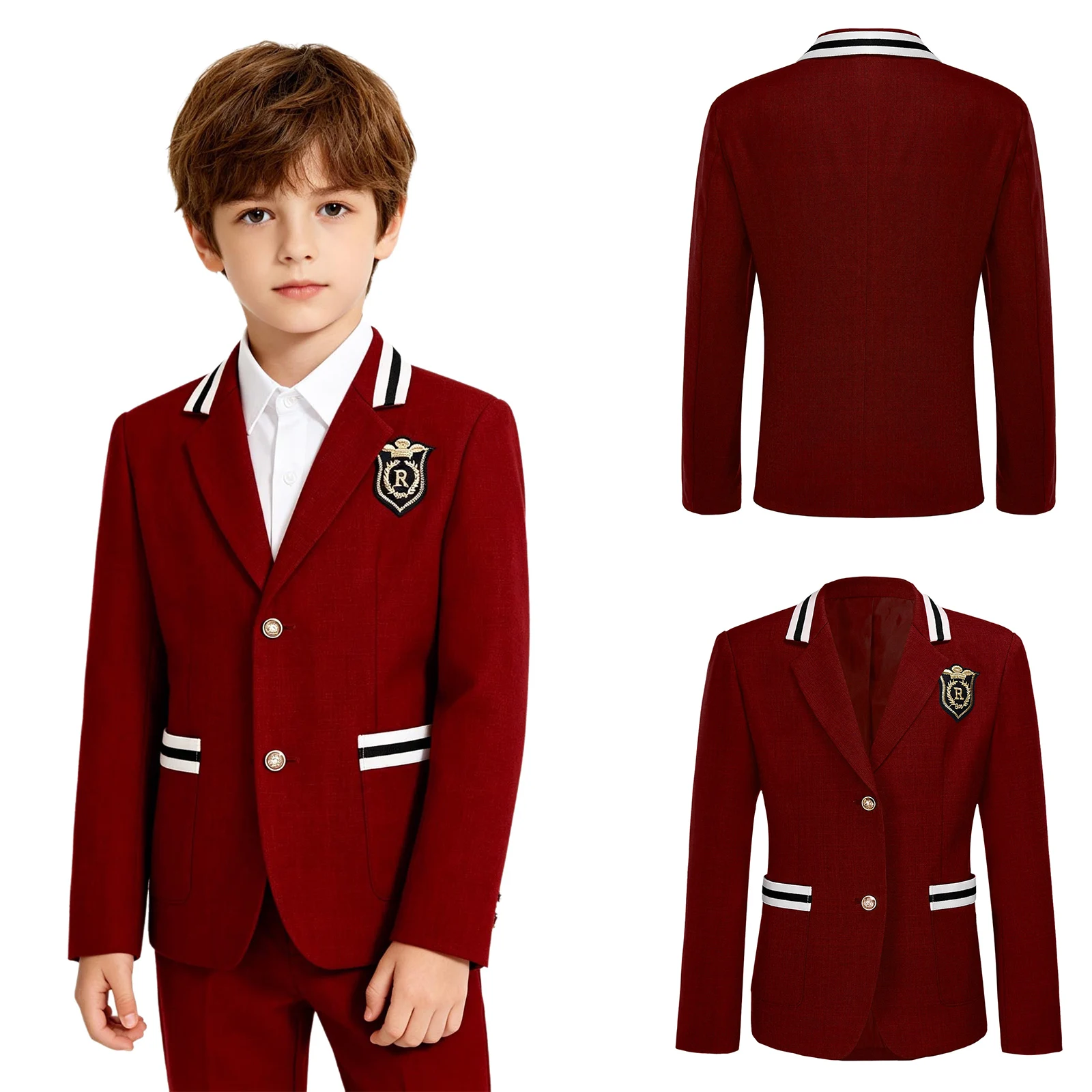 Children School Uniform Blazer Jacket Striped Trim Lapel Long Sleeve Button Coat with Pockets for School Classroom Events Daily