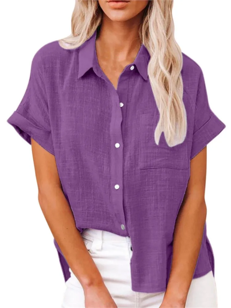 Summer Solid Shirt Lapel Cotton Hemp Button Pocket Flying Sleeve Short Sleeve Shirt  Casual Office Top Clothes For Women