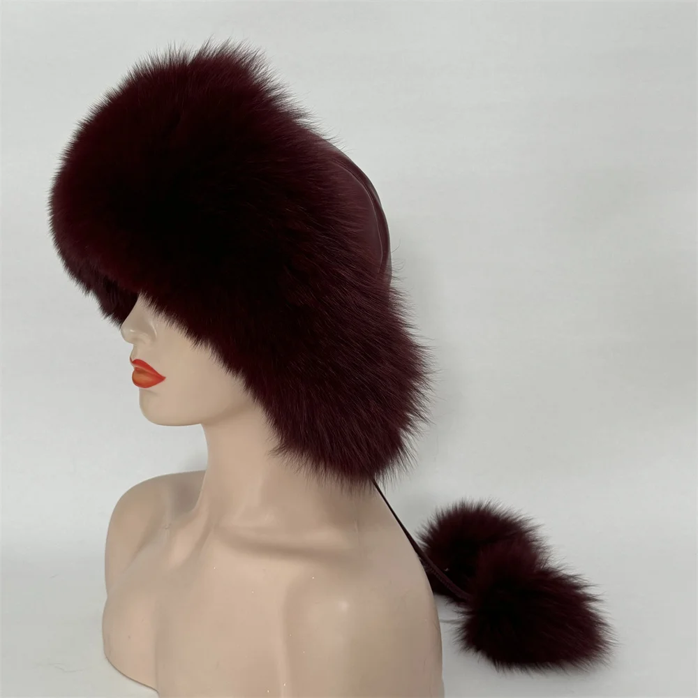 

Real Fox Fur Women's Hats Russian Ushanka Aviator Trapper Snow Ski Hat Earflap Caps Winter Fox Fur Bomaber Hat