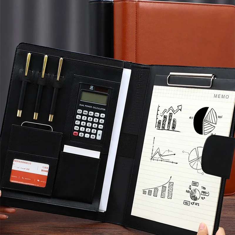 Executive a4 Leather Portfolio Folder Files Organizer for Man Document Business Briefcase Clipboard with Calculator for Office