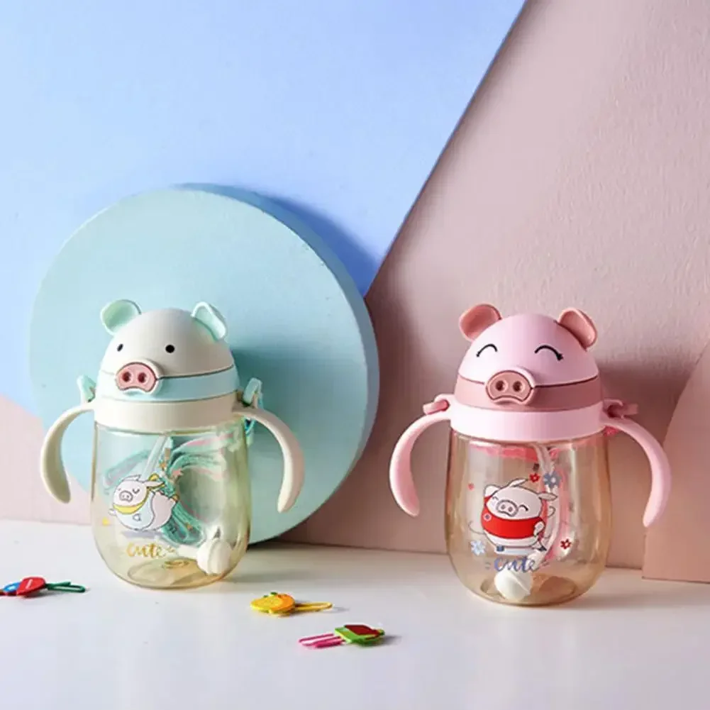 Water Bottle Pig Shape Heat-resistant PP Kids Cartoon Plastic Newborn Infant Baby Straw Bottles Defence Fall Feeding Sippy Cup