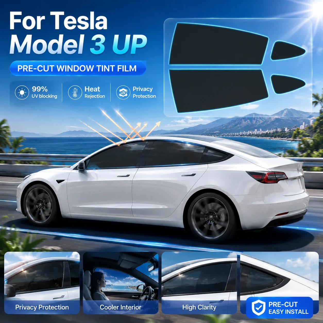 

For Tesla Model 3 UP Pre-cut Window Privacy Tint Film One Way Solar UV Protector Heat Rejection Car Glass Sticker Summer
