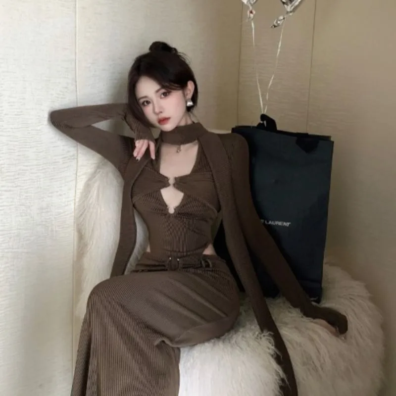 

Two-piece Spice Girl Knitted One-piece Top Coat Bag Hip Long Skirt Women's Haute Sense Fashion Women's Fall Good-looking Sets