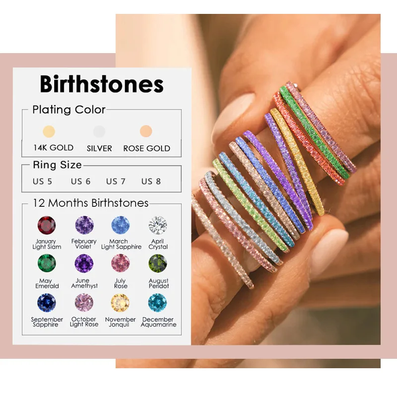 Personalized 12 Months Birthstone Ring for Women Dainty Stackable Colorful Crystal Eternity Band Gold Plated Jewelry Gift