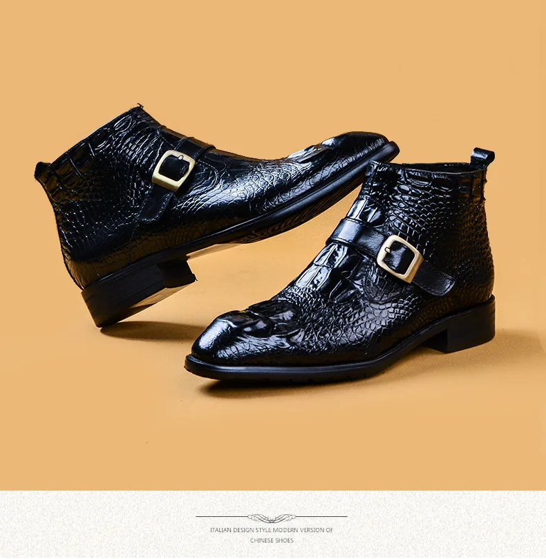 رجل جلد طبيعي التمساح تنقش البريدي حذاء من الجلد ، أعلى الحبوب الجلود النمط البريطاني البريدي الشتاء الدفء الفراء مبطن الخيار #5