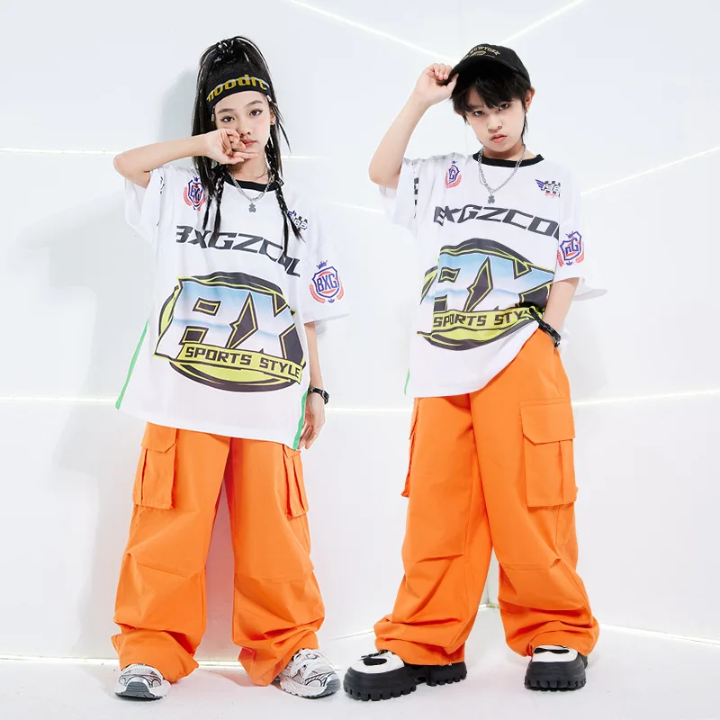 

New Summer Boys Loose T-Shirt Orange Pants Fashion Hip Hop Outfits Girls Modern Jazz Dance Costume Group Kpop Performance Wear
