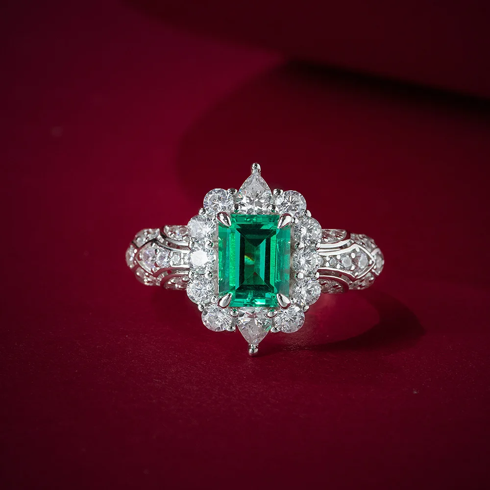 

New S925 silver rectangular 6 * 8 cultivated emerald grand unisex ring 2ct European and American ins style wedding jewelry