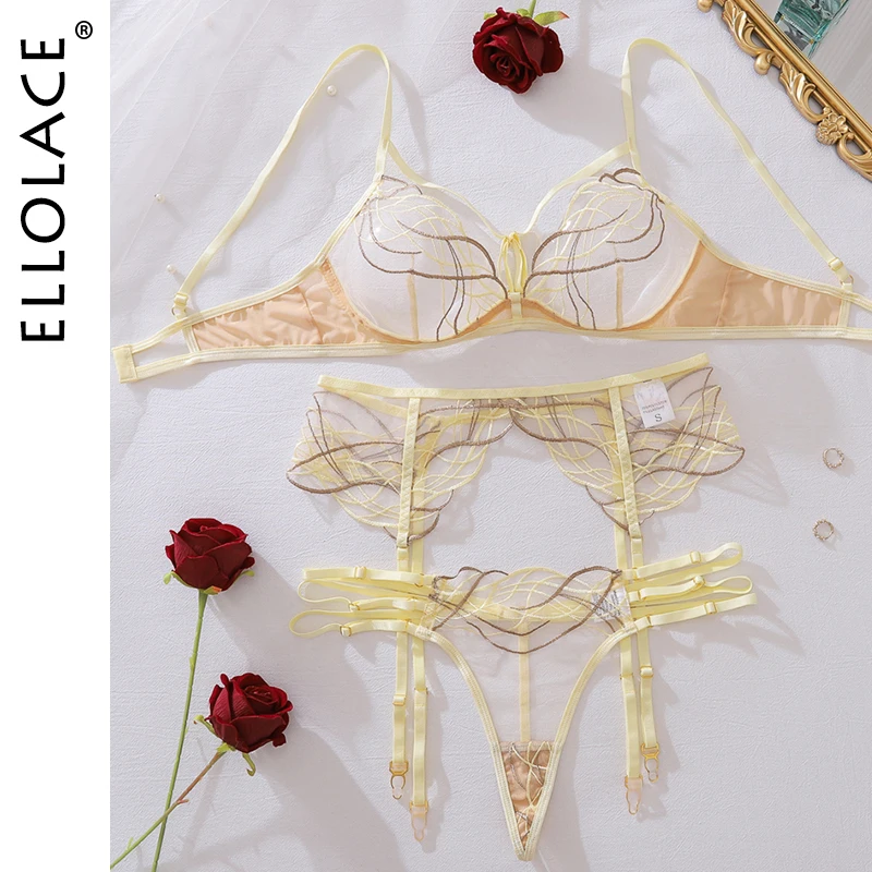 

Ellolace Elegant Lingeries Sexy Hot Tempted Embroidery Bra Belt Thong 3PC Exclusive Contrast Color See Through Intimate SET