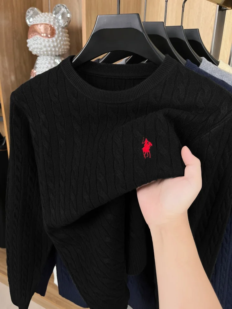 High brand winter new item original exquisite pony embroidery knitted sweater men fashionable velvet warm round pullover sweater