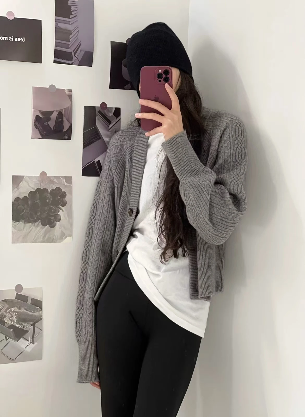 Autumn and winter 100% pure wool sweater V-neck hemp pattern knitted cardigan women's gray loose sweater thickened coat top