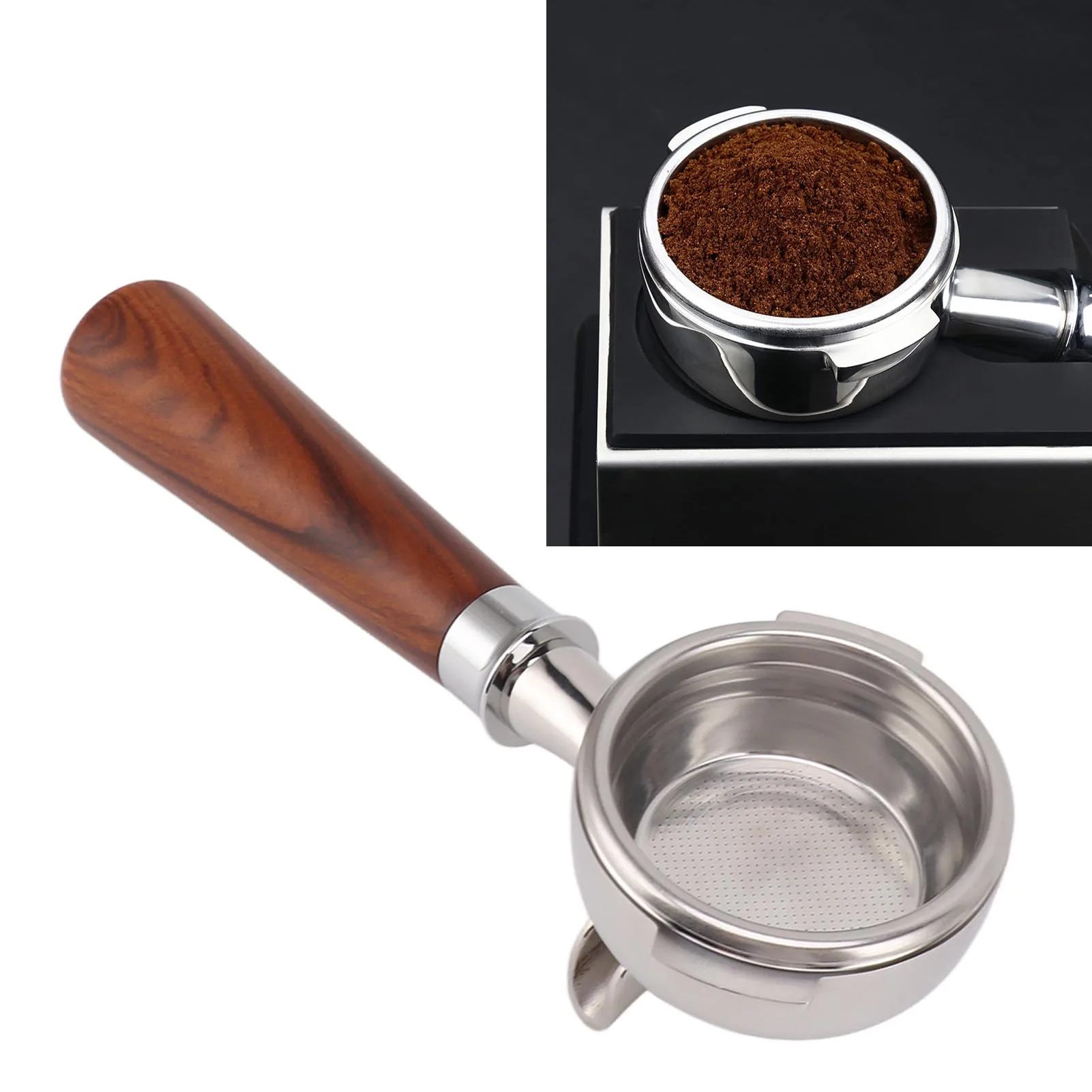 58mm Portafilter 2 Spout Fine Mesh Stainless Steel Wooden Grip Detachable Coffee Machine Accessory for NOWWA Siam Rosewood