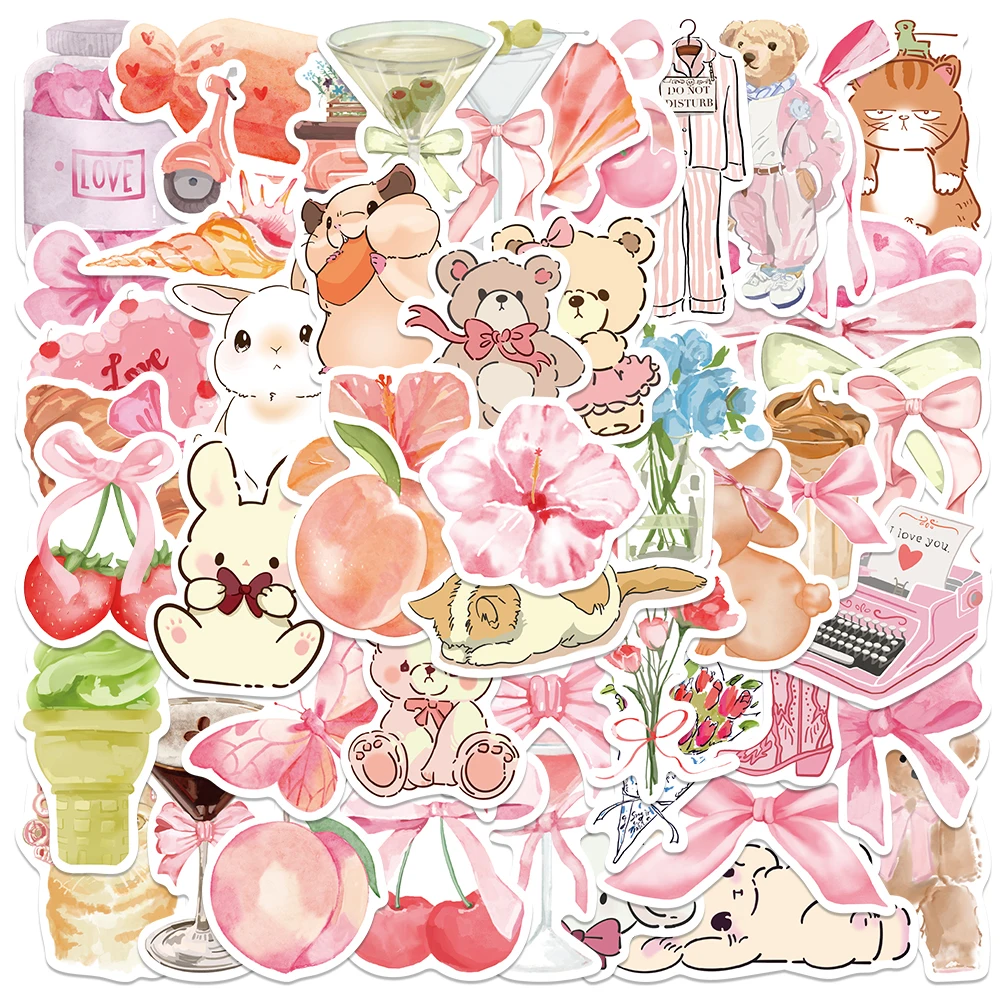 50pcs Pink Cartoon Illustration Stickers Decals For Scrapbook Laptop Skateboard Suitcase Guitar Aesthetic Waterproof Stickers