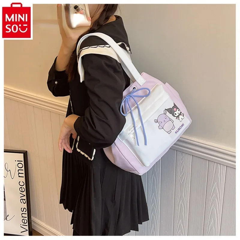 Miniso Sanrio Cartoon Kuromi Student Kleur Contrast Waterdicht Grote Capaciteit Bundel Zak Één Schouder Crossbody Draagtas