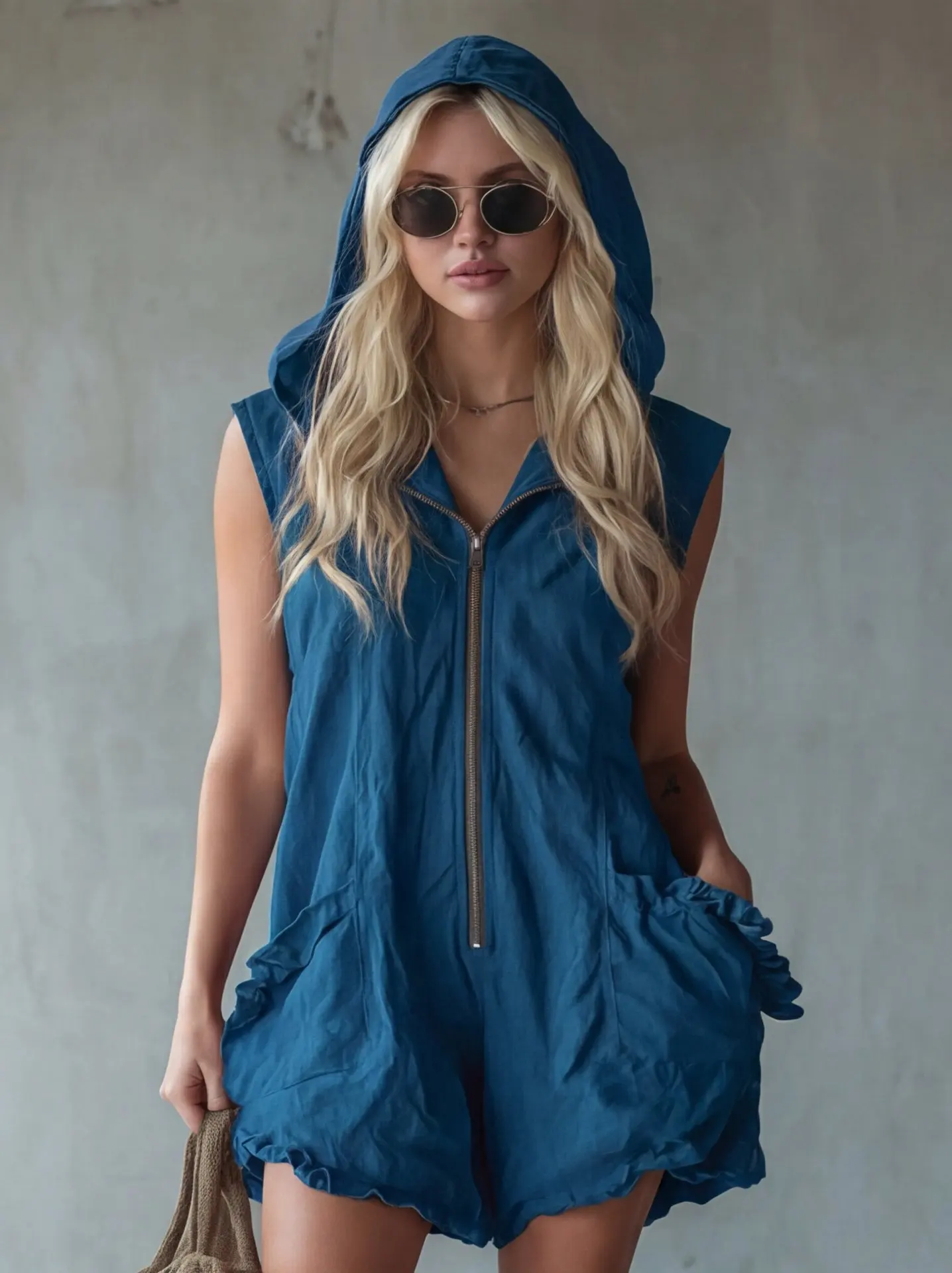Women's White Sleeveless Hooded Jumpsuit Casual Fashion Jumpsuit With Pockets Ruffled Hem Summer Beach Resort Outfit Chic Style - view 3