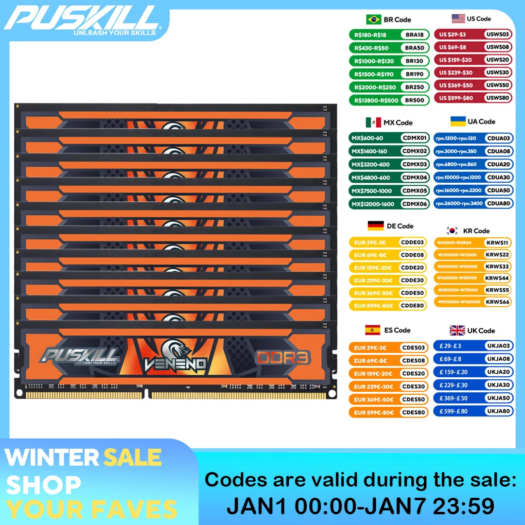 10 PCS PUSKILL Desktop Memoria Ram DDR3 8GB 4GB 2GB 1.5V 240 Pin PC3 1600MHz 1333MHz Udimm Memory Wholesale