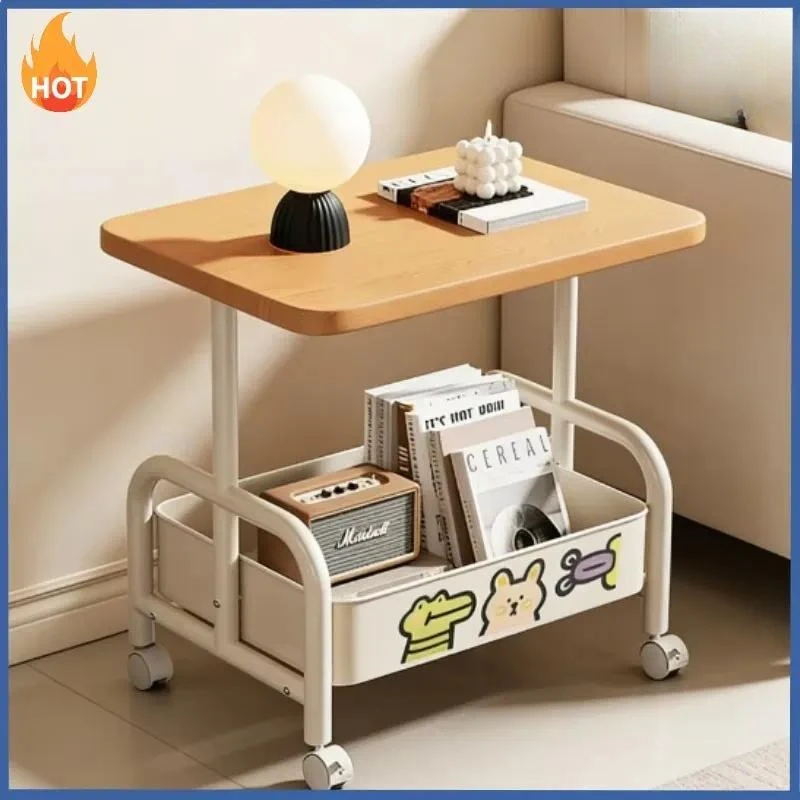 Rolling Laptop Desk & Storage Table - Double-Tier Mobile Stand with Basket, Perfect as Sofa Side Table or Bedroom